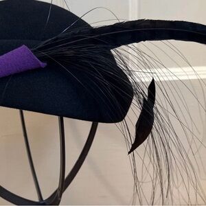 Frank Olive original Chic Black Hat with Purple Feather Accent